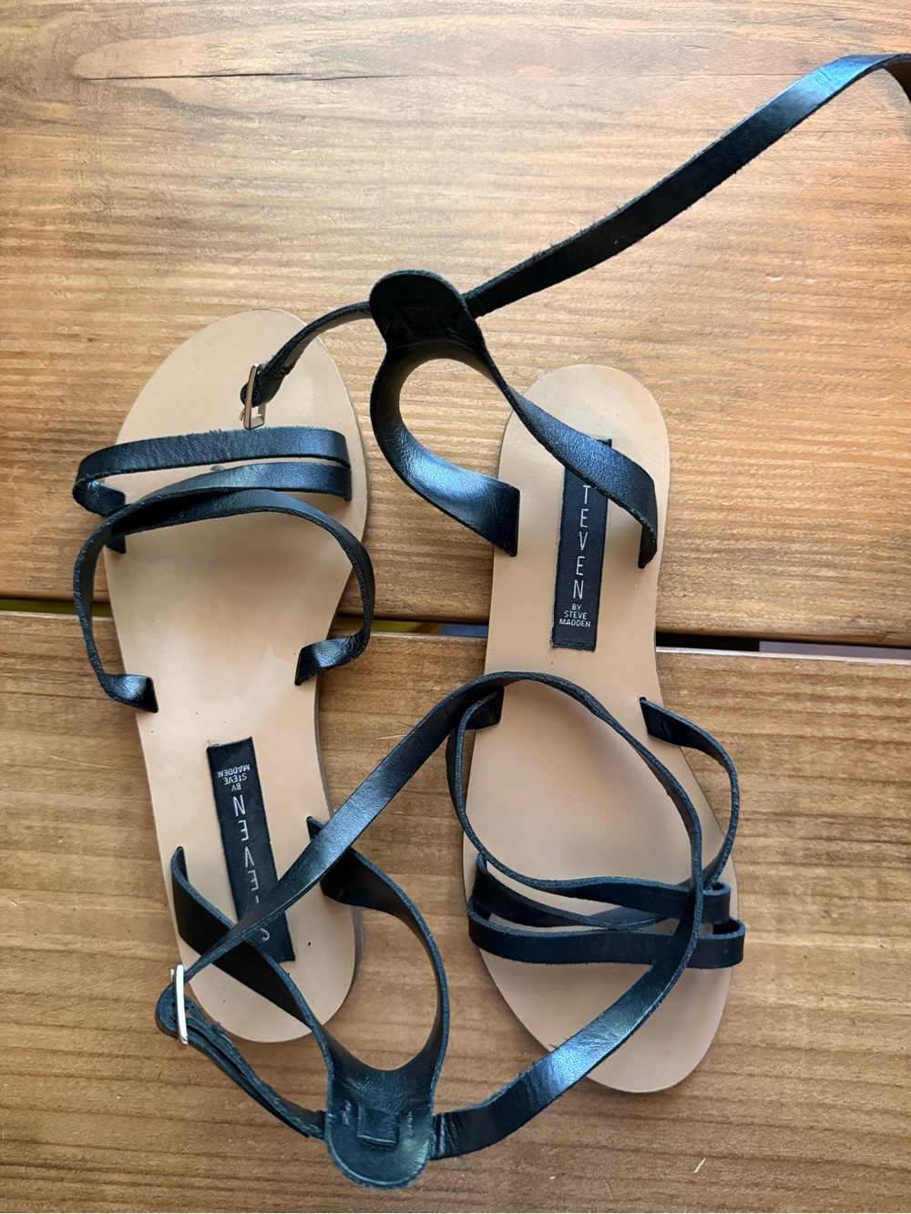 Steve Madden Steven Black Leather Wrap-Around Sandals